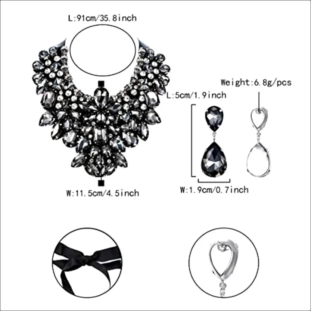 Crystal Rhinestone Statement Necklace Earrings Set Adjustable Costume Jewelry - Picture 5 of 6